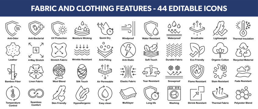 Clothing and Material features and information - vector editable line icons.