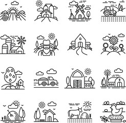 Agriculture and Organic Farming Thin Line Icons Set with Countryside Landscape Farmer Barn and Livestock Elements © Usama Zahoor