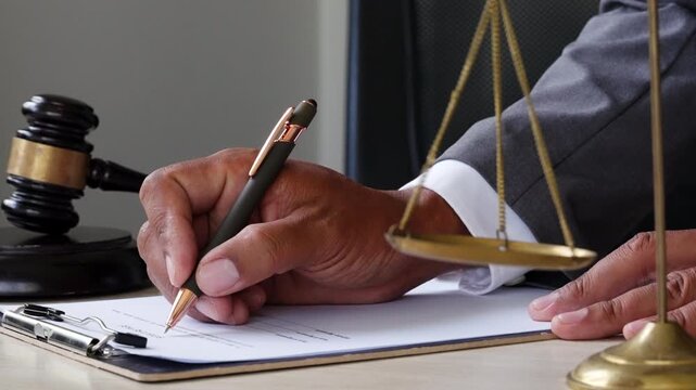 Business lawyer signing compliance documents in modern office with justice scale, illustrating corporate governance, regulation, audit process, legal responsibility, and risk management.