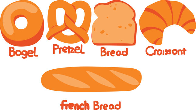 Vector illustration with various types of bread from different countries, buns, baguettes, and croissants. Cute beige style for menus, prints, product illustrations, and packaging. Bakery, baked goods