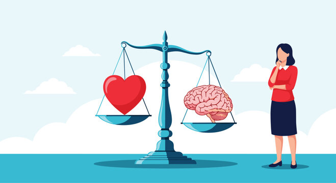 Woman thoughtfully observing a large scale balancing a red heart and a brain to decide between her feelings and rational thoughts.