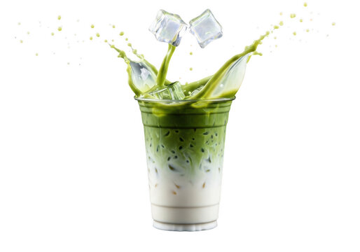 Iced matcha latte in a plastic cup isolated on transparent background
