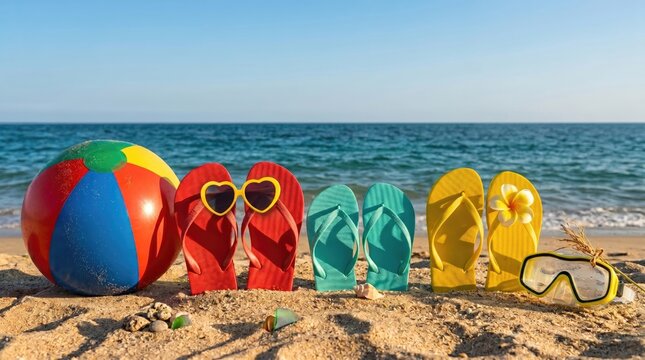 Colorful beach toys including a striped beach ball flip flops in vibrant red turquoise yellow and a pair of goggles with a scenic ocean background bright sunny sky and sandy shore perfect