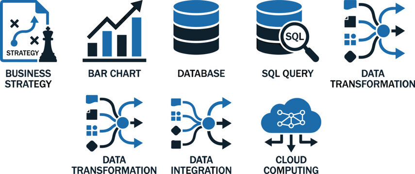 Business strategy bar chart database sql query data transformation cloud computing icons for analytics abstract concept.