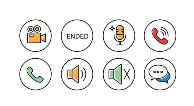 Set of colorful video call icons including camera ended meeting microphone phone and chat symbols for modern mobile applications.