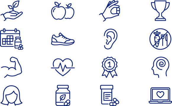 Health and wellness line icons set nutrition fitness mental health and medical concepts
