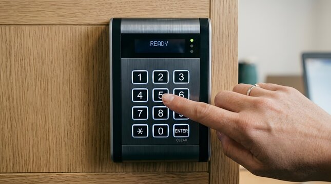Close-up of hand entering code on keypad device