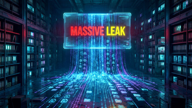 Digital data leak tunnel illustrating unauthorized information flow cybersecurity weaknesses and growing concerns around privacy protection