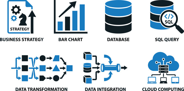 Business strategy bar chart database sql query data transformation integration icons.