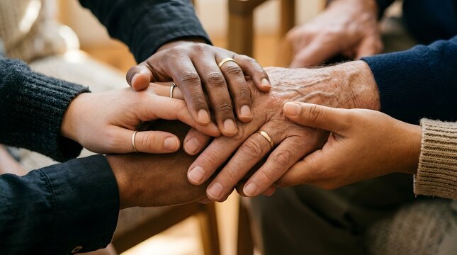 Diverse hands clasped together symbolizing unity, support, and community