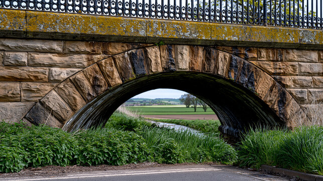 Victorian railway viaduct stone arch detail at ground level, dressed sandstone voussoirs stained with decades of mineral seepage, wrought iron parapet above, lichen colonizing mortar joints, arched 