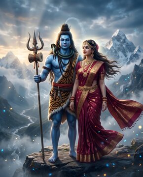 Divine lord shiva and goddess parvati standing on himalayan mountain peak