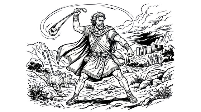 Ancient Warrior Shepherd Slinging Stone, Rocky Landscape, Dramatic Sky