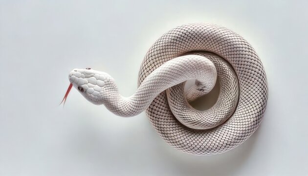 Captivating coiled white snake with striking red tongue on white background.