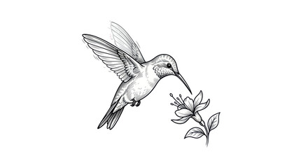 Hummingbird feeding on flower, sketch illustration, black and white, delicate nature art © Atok