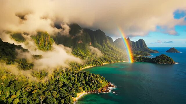 Lush tropical coastline with vibrant rainbow arching over misty mountains and turquoise ocean