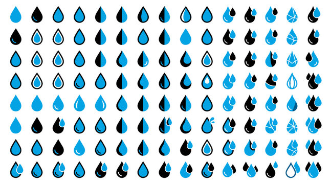 Set of blue and black water drop icons in various shapes