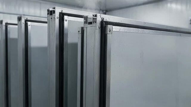 Industrial medium shot of insulatedcompatible refrigeration door frames emphasizing the durable extrusion and gasket integration for efficient cold storage environments