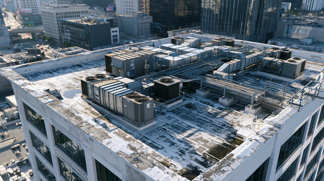 Dense urban rooftop aerial photograph, flat roof membrane EPDM surfaces, rooftop HVAC mechanical plant units, parapet coping weathering, drainage outlet puddle pooling, city block geometry abstracte