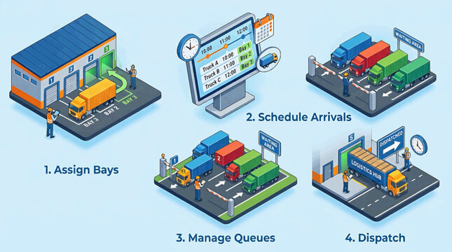 Isometric illustration of efficient warehouse logistics. Depicting a four-step supply chain process bay assignment, scheduling, queue management, and dispatch