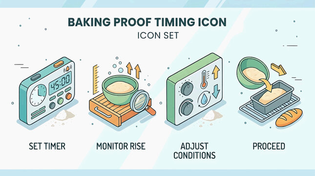 Baking process icon set set timer, monitor rise, adjust conditions, and proceed with baking