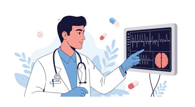 Professional male doctor analyzing neurological brain scans on digital monitor while explaining medical results in clinical setting.