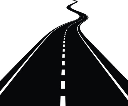 Black and white winding road perspective with dashed lines vector design