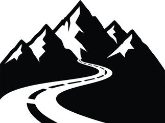 Obraz premium Classic mountain peaks with winding road landscape black vector art
