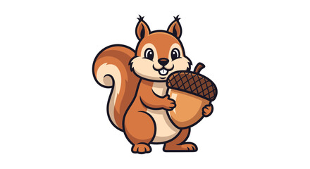 Cute cartoon squirrel holding acorn nut. © Jisam
