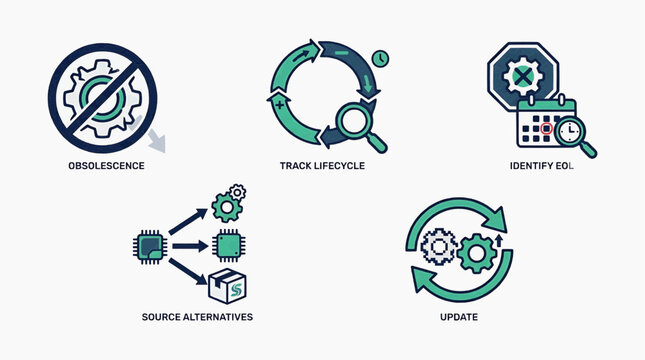 Vector Icons for Business Process Management Enhancing Efficiency Through Lifecycle Tracking, Obsolescence Prevention, Solution Discovery, and System Updates