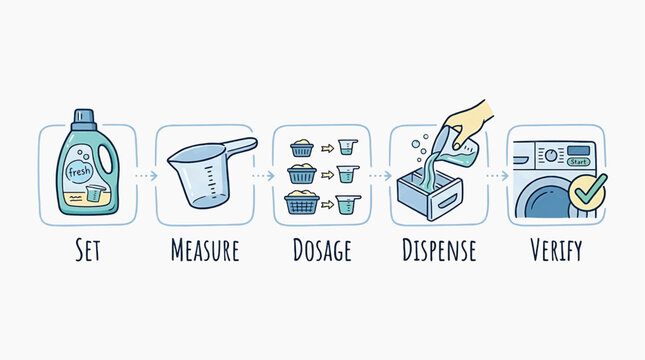 Step-by-step illustration of laundry detergent usage with clear dosage and dispensing instructions for a washing machine
