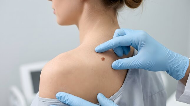 Doctor examining skin spot on person's shoulder
