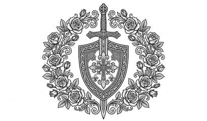 Obraz premium Heraldic shield sword and rose flowers vector decorative design