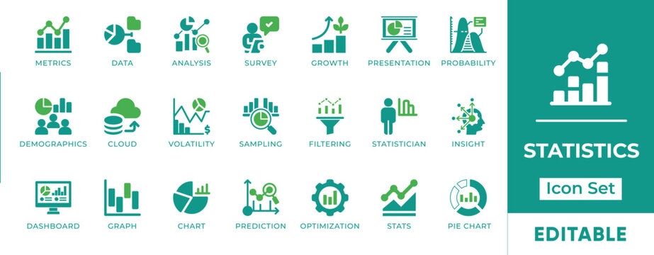 Statistics Data Analysis Analytics Metrics Dashboard Survey Growth Probability Prediction Demographics Insight Vector Icon Set