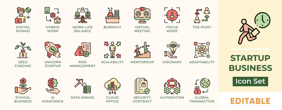 Startup Business Entrepreneurship Agile Workflow and Technology Vector Icon Set
