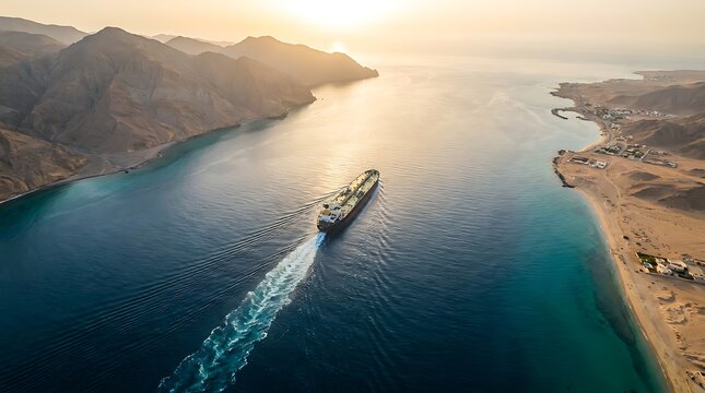 Aerial view of oil tanker ship in the strait of hormuz with shipping