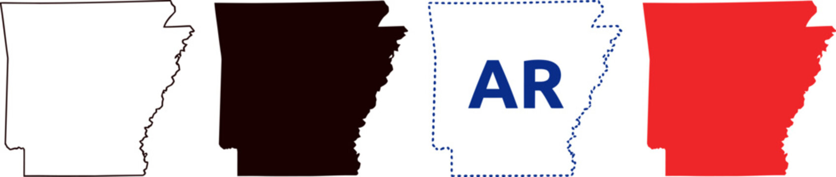 Arkansas state map outline icon set in black white blue and red