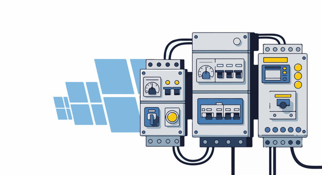 A schematic of an electrical panel with solar panels in the background