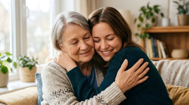 Granddaughter hugging grandmother enjoying time together at home