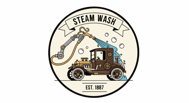 Vintage automobile receiving a steam wash from an automated arm