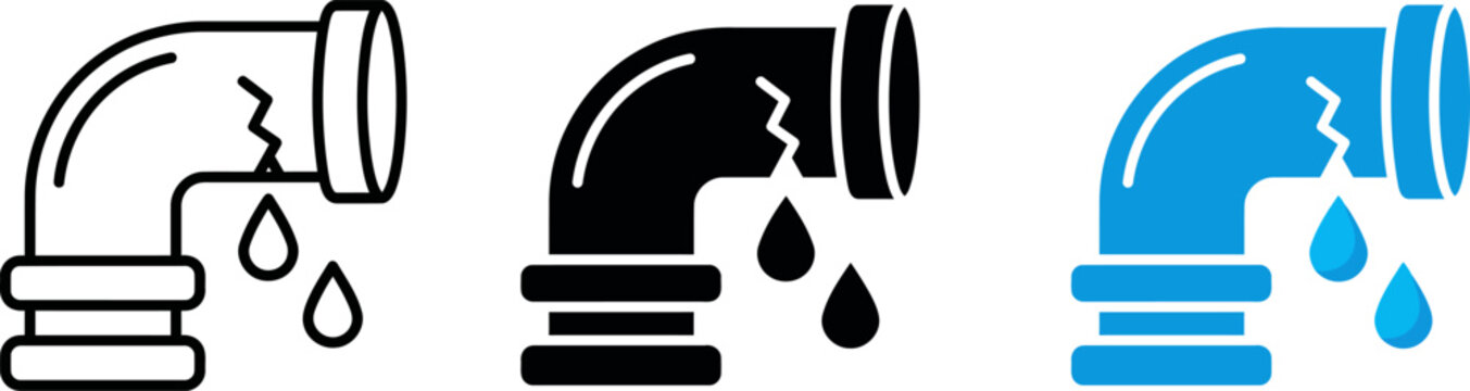 Leaking pipe icons in three styles for plumbing and water damage themes