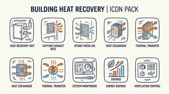 Building heat recovery system icons showcase various energy saving solutions