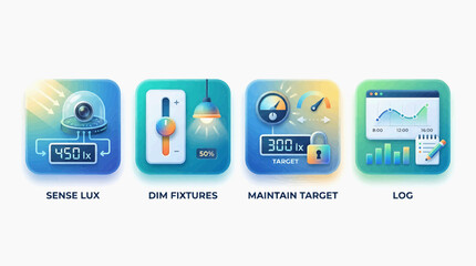 Fototapeta premium The RJ_EXG3V6_VF.svg infographic illustrates lighting control icons with sense, dim, target and log features.