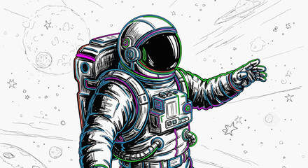 Astronaut floating in space, reaching out, cosmic background, retro comic style © Pisang