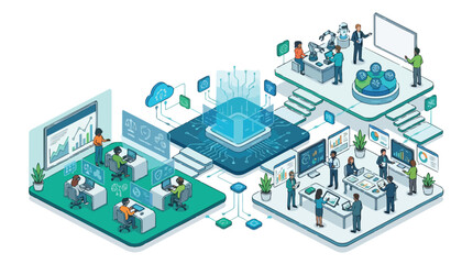 Obraz premium Isometric view of a modern technology office workspace with data analytics and artificial intelligence development.