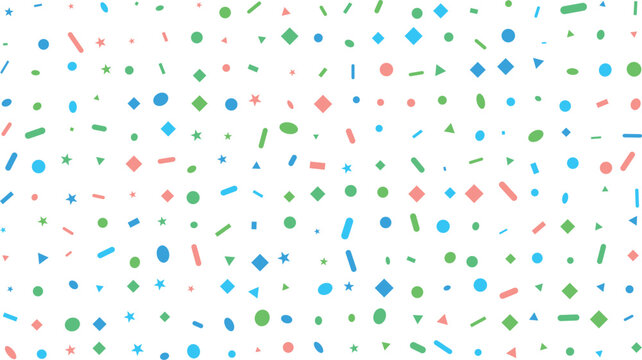 Colorful geometric confetti pattern on white background
