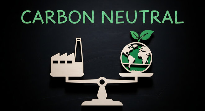 Carbon neutral balance scale with factory and earth globe icon, emissions reduct