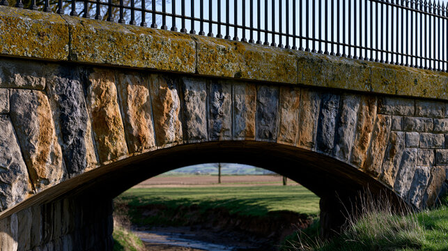 Victorian railway viaduct stone arch detail at ground level, dressed sandstone voussoirs stained with decades of mineral seepage, wrought iron parapet above, lichen colonizing mortar joints, arched 
