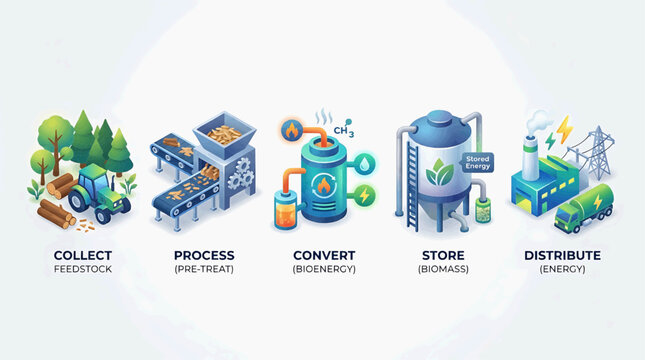 The industrial process of collecting, processing, converting, storing, and distributing sustainable energy resources in a factory setting with various machinery.