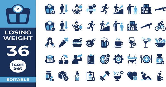 Losing weight editable icon set for fitness and healthy lifestyle concepts
